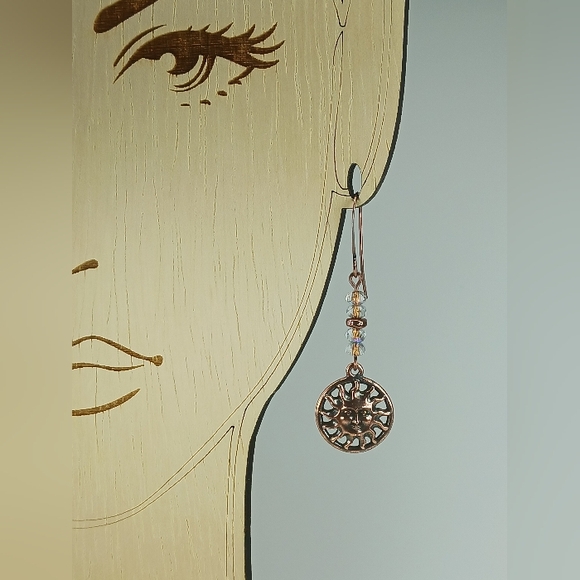 HAND CRAFTED Copper Sun Face Dangle Earrings Artisan Glass Celestial - Picture 5 of 6